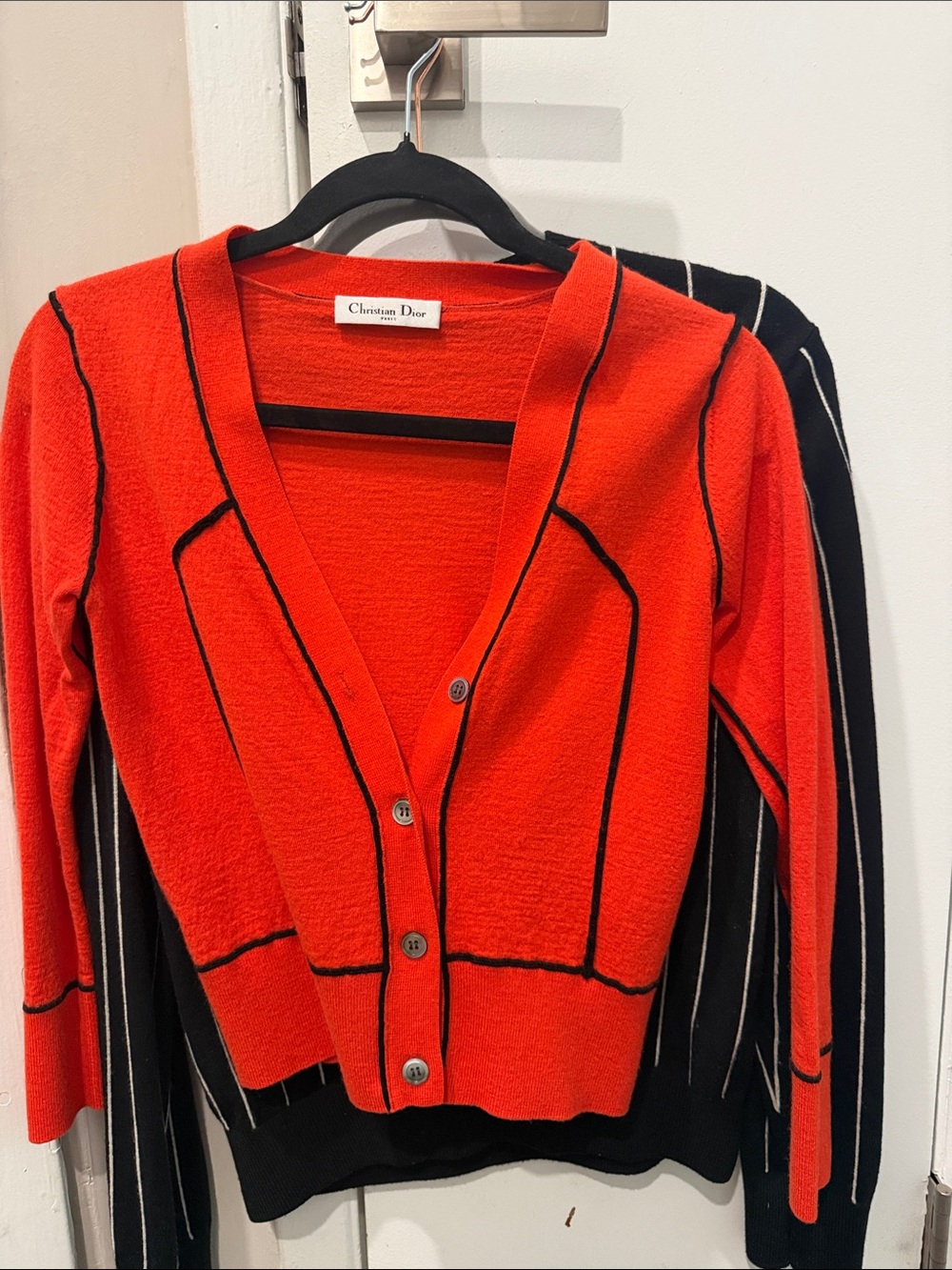Dior Bright Red V-Neck Button Cardigan with Black Trim